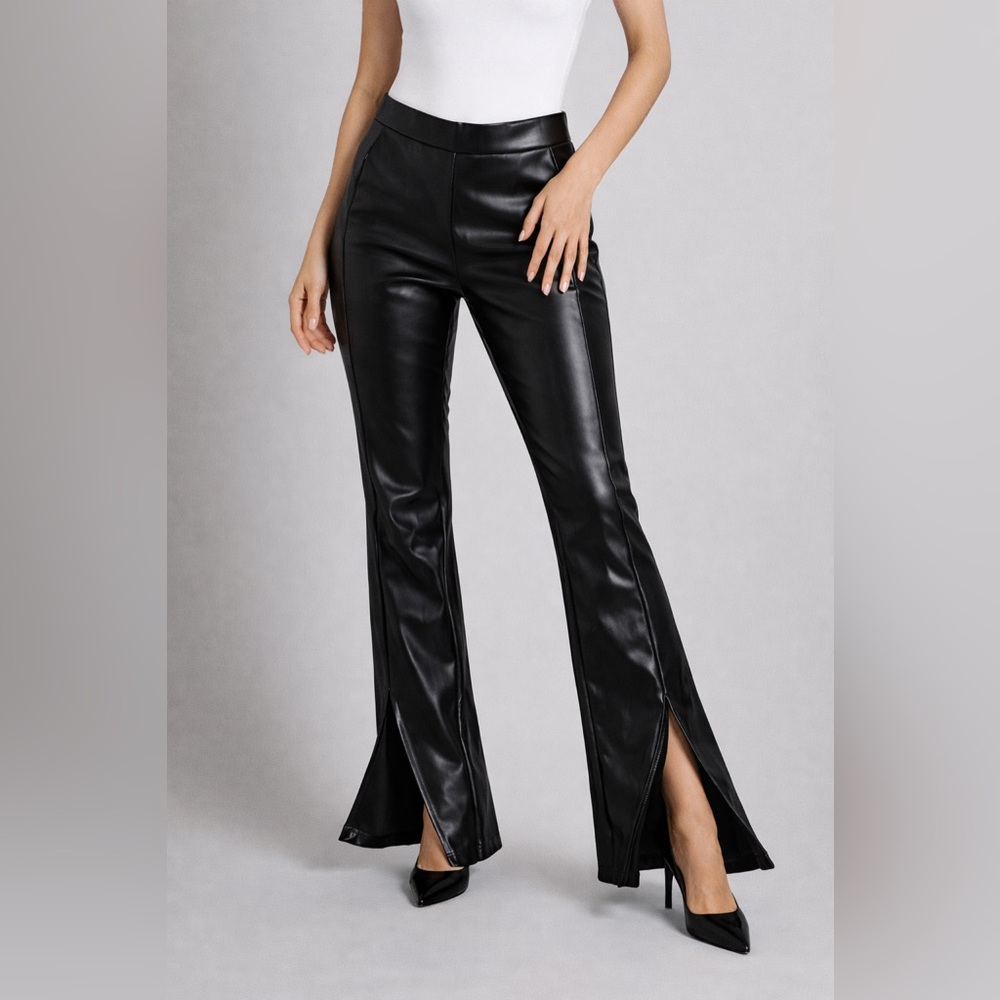 Cavalini Pants Large Black Polyurethane Faux Leather Pull On Stretch Bottom Slit